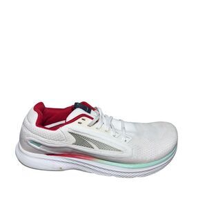 Altra White Running Shoe with Red Interior and Mint Sole Accent
